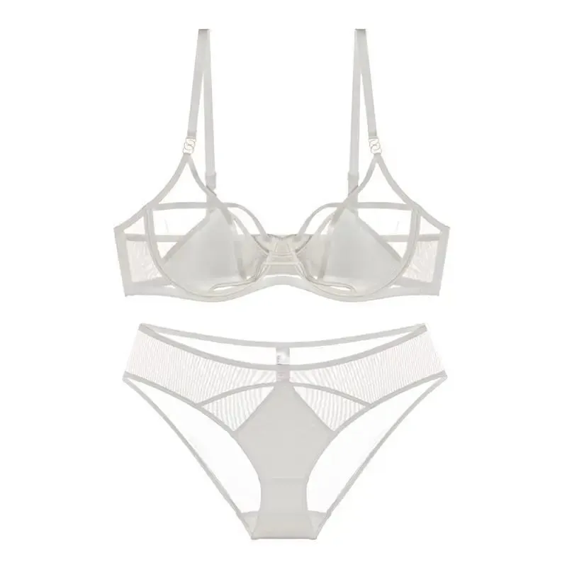 Hot Sale Sheer Mesh Lingerie Set No Padding Soft Wire Push Up See Through Floral Lace Bralette Dark Romance Style
