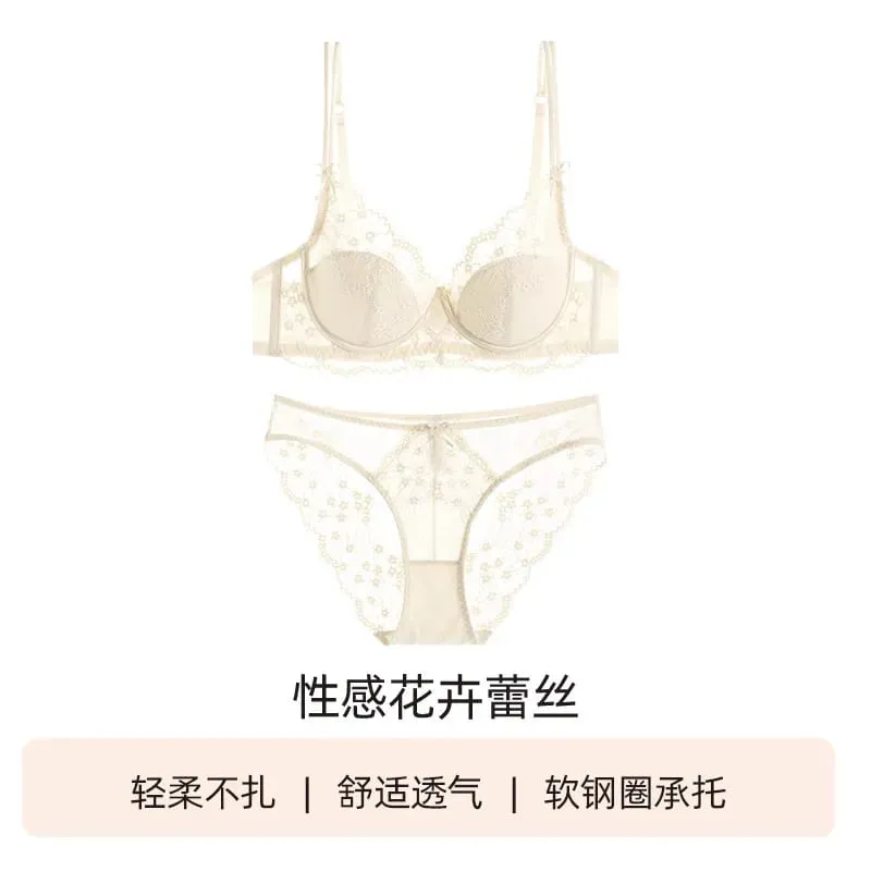 Women Pink Lace Full‑Cup Thin Minimizer Bra Set Push‑Up Anti‑Sag Support Lingerie Intimates For Large Breast Ladies Casual Daily