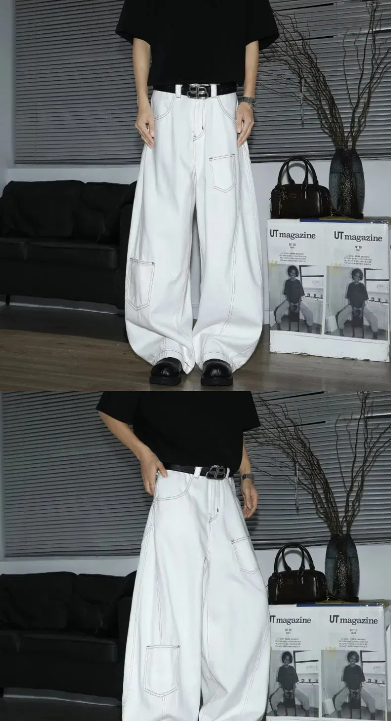 Y2K Men's Jeans White High-Waisted Wide-Leg Denim Pants Retro Baggy Style Fashion Loose Fit Casual Denim Trousers Streetwear — image 8