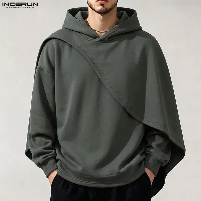 Men's Hoodies Ponchos Solid Color Hooded Long Sleeve Irregular Sweatshirts For Man Loose Stylish Casual Cape INCERUN Streetwear