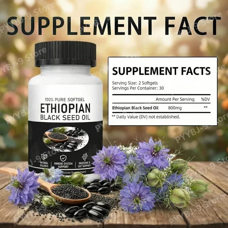 Kapsul Gel Lunak Minyak Habbatus Sauda Ethiopia 800Mg Kapsul Ekstrak Herbal Perasan Dingin Dukungan Keseimbangan Kesehatan Harian Non GMO 60 Hitungan