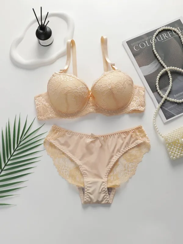 French Style Women Lingerie Set Ultra‑Thin Lace Bra Big Bust Minimizer Anti Sagging Breathable Ladies Underwear Set