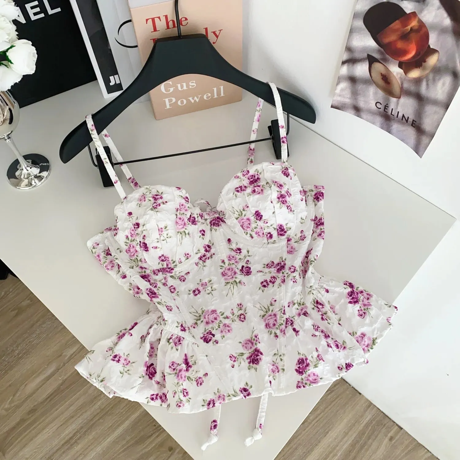 เซ็กซี่ Slim Corset ruffle พิมพ์เกาหลี Camis Tank Top Basic แฟชั่นปิดไหล่ฤดูร้อนเสื้อผ้าผู้หญิง
