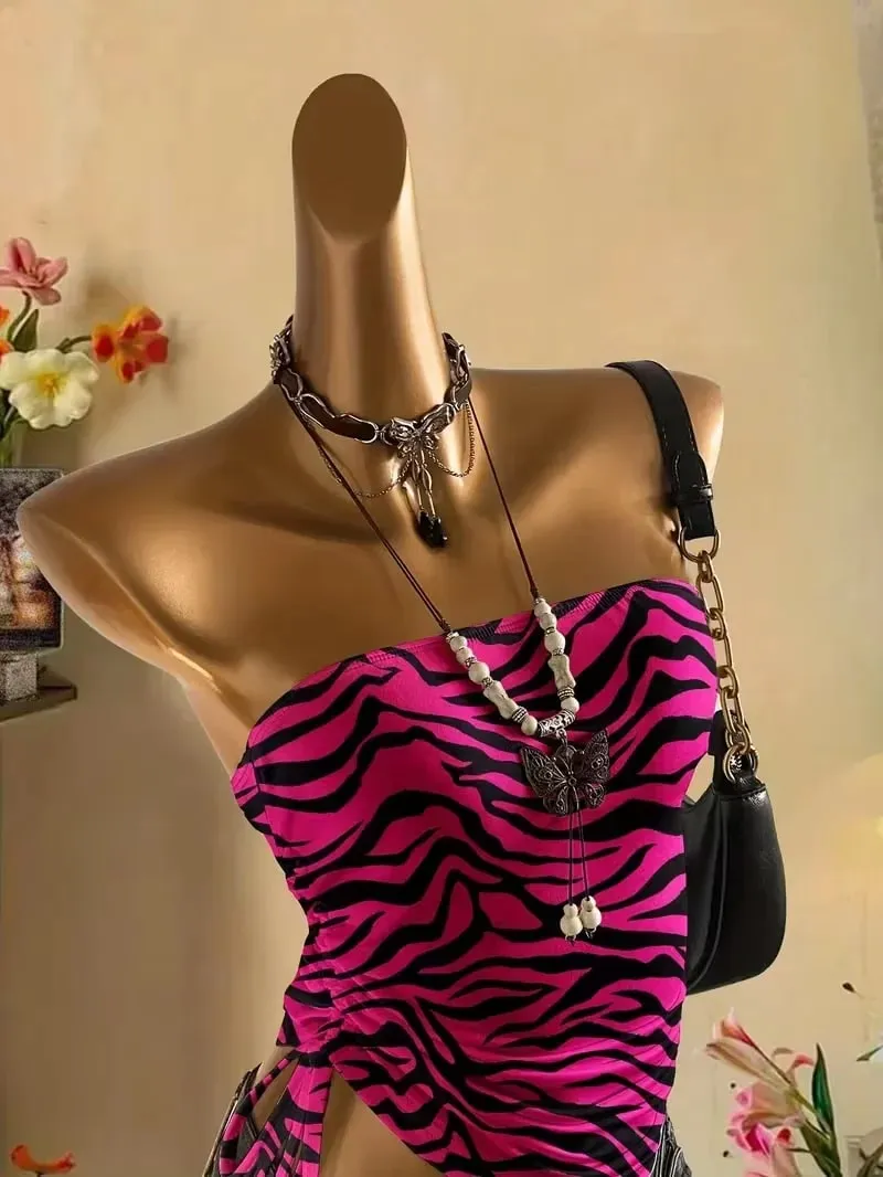 Cropped Top Women's Summer Vacation Pleated Lace Up Leopard Print Vest Sleeveless Zebra Print Top Pink Zebra Print Top