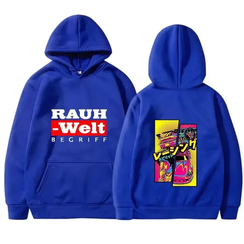 Rauh Welt Hoodie Car Widebody Tuning JDM Racing Pop Art Komik Estetik Hitam Bersaiz Besar Baju Kasual Lengan Panjang