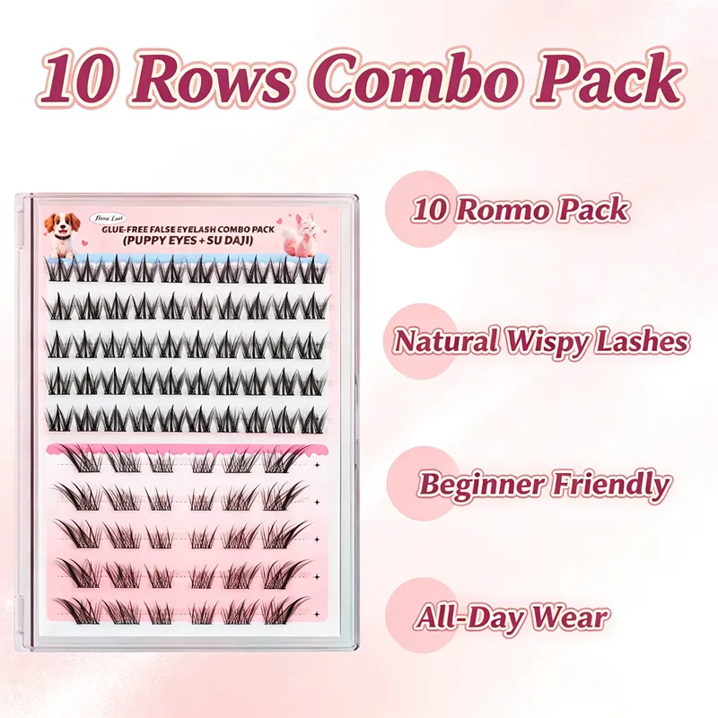Self Adhesive Lash Clusters Combo Pack 10 Rows No Glue False Eyelashes Puppy Fox Eye Wispy Segmented Lashes for Daily Makeup