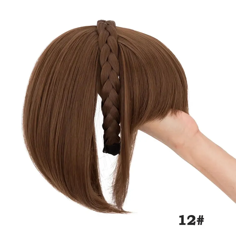 Snoilite 11'' Braided Headband with Clip-In Hair Topper With Bangs Natural Look Synthetic Straight Hair Extensions for Women 92g