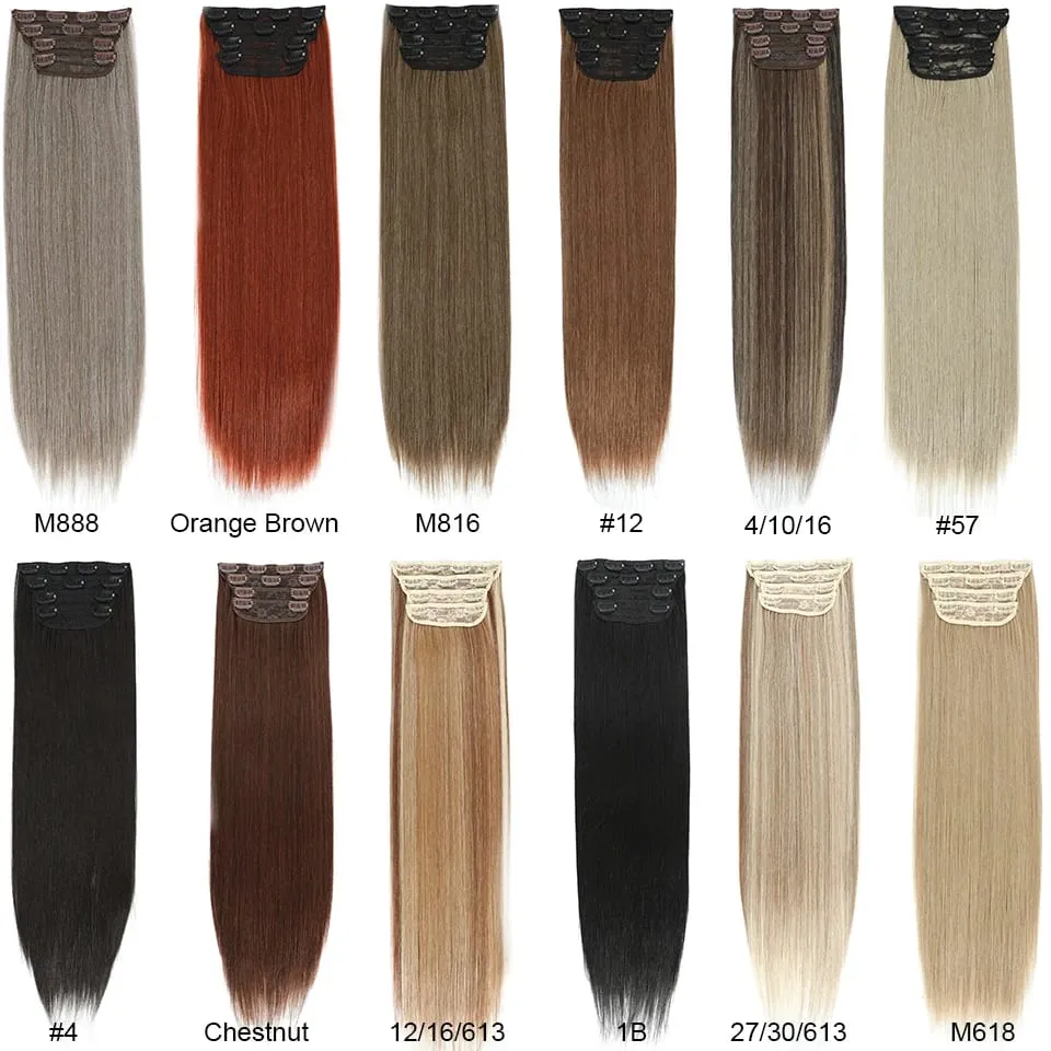 Synthetic 24 Inches Clip in Hair Extensions 4Pcs 200g Brown Grey Piano Blonde Orange Brown Straight Heat Resistant Hairpiece