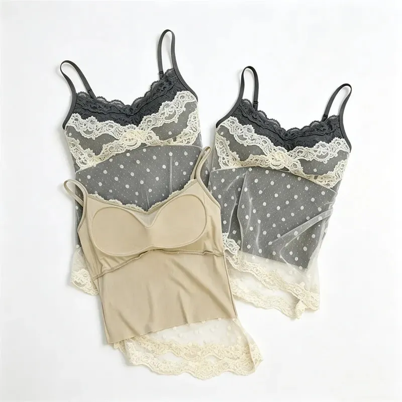 Women's Polka Dot Lace Spaghetti Strap Camisole with Pad Bust Adjustable Straps Side Lace Sexy Summer Daily Top A33079