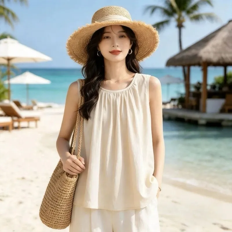 Street Casual Pleated Solid Simplicity All-match Tops Summer New Sleeveless Loose Elegant T Shirts Fashion Trend Women Clothing — image 4