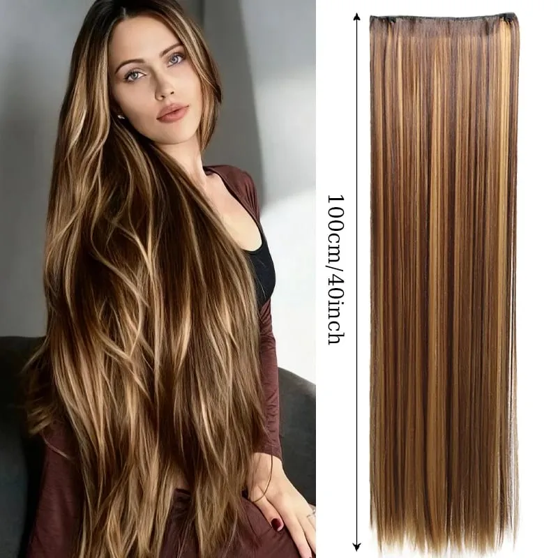 40inch Super Long Hair Extensions Wig Straight 5Clips in Hair Extensions Synthetic Hairpiece Fake Hair for Women Daily Party Use