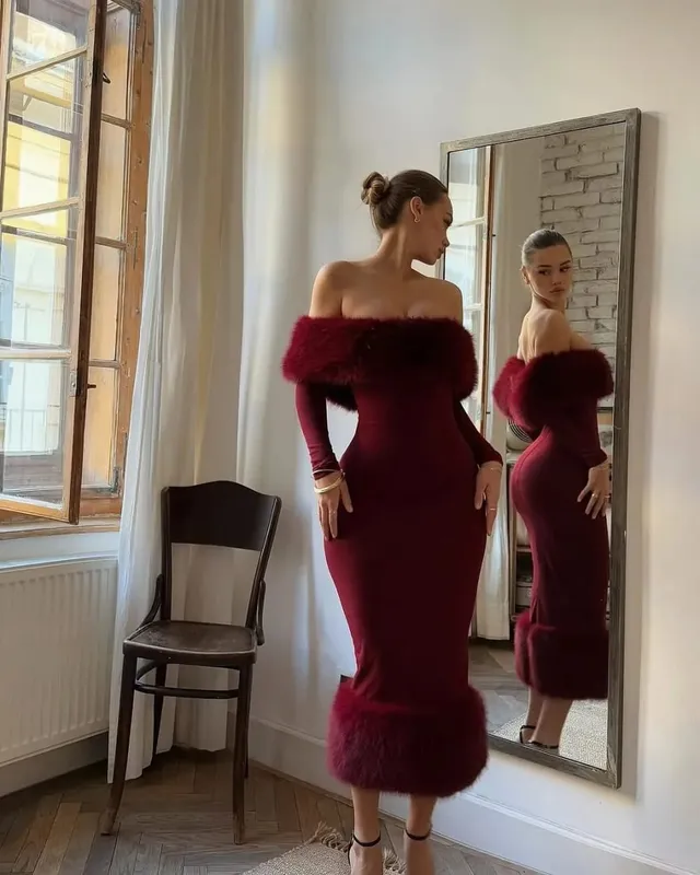 Women Strapless Faux Fur Patchwork Dress Sexy Off-shoulder Full Sleeve Cinched-waist Bodycon Dresses Lady Party Evening Gowns