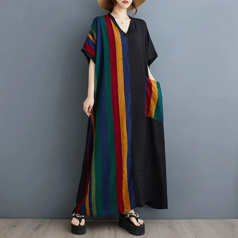 Long V-Ne ort Sve Printed Slimming Cotton Linen Dr Color Blo Casual Loose Fit Summer Faion plus Size Women — image 7