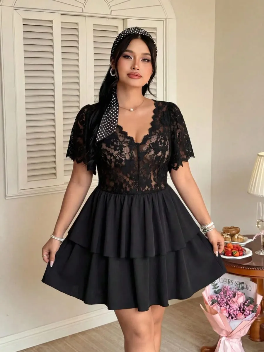 Elegant Lace Hollow Patchwork Cake Dress Plus Size Women's Dress Summer Vintage Ruffle Hem Party Evening Gown