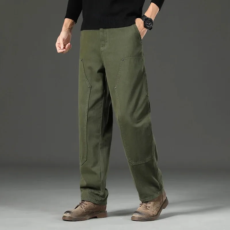 High Quality Spring New Style Straight Loose Men's Casual Pants Rivet Splicing Safari Style Cotton Trousers Army Green Jeans — image 9