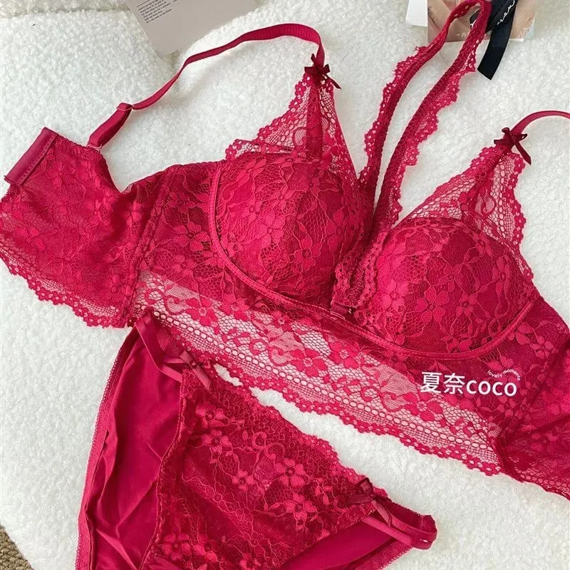 French Lace Wide Strap Thick Top Inner Lace Layer No Underwire Bra Set Petite Women Small Bust Comfort Lingerie Set 32-38 S-XL — image 7