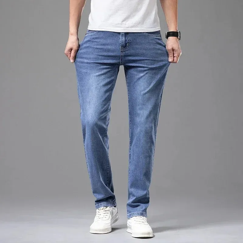 Celana Jeans Melar Katun Ringan Lurus Cocok untuk Pria Merek Musim Panas Celana Pria Jeans Abu-abu Muda Tipis Pinggang Tinggi Kasual Bisnis — image 5