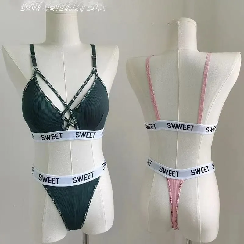 Women Padded Bra And Panties Set Front Cross Wireless Bra Low Rise G-string Female Letter Strap Underwear Sexy Lingerie Set — image 5