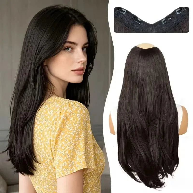 22Inch Synthetic V-Shaped Long Layered Straight Hair Extensions Invisible Increase Volume Fashion Lazy Hairstyle for Women