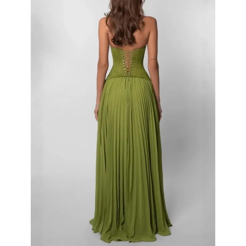 Vestido largo con cuello Halter y corsé de espina de pescado verde para mujer, Espalda descubierta, hombros descubiertos, diseño de telas combinadas con plisado, vestidos ajustados, vestido de fiesta de Navidad para mujer, nuevo — image 6