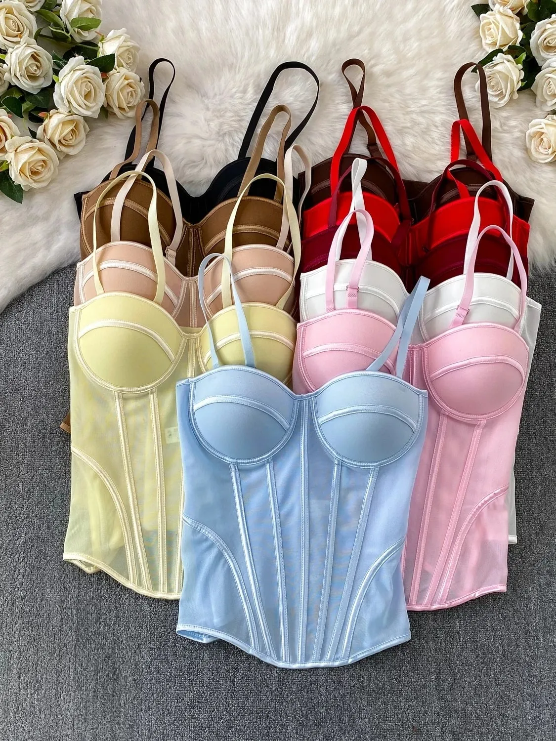 2026 Luxury Mesh Corset Camisole Women Strap Solid Lingerie Top Summer High Quality Tummy Control Sheer Party Tank Top — image 7