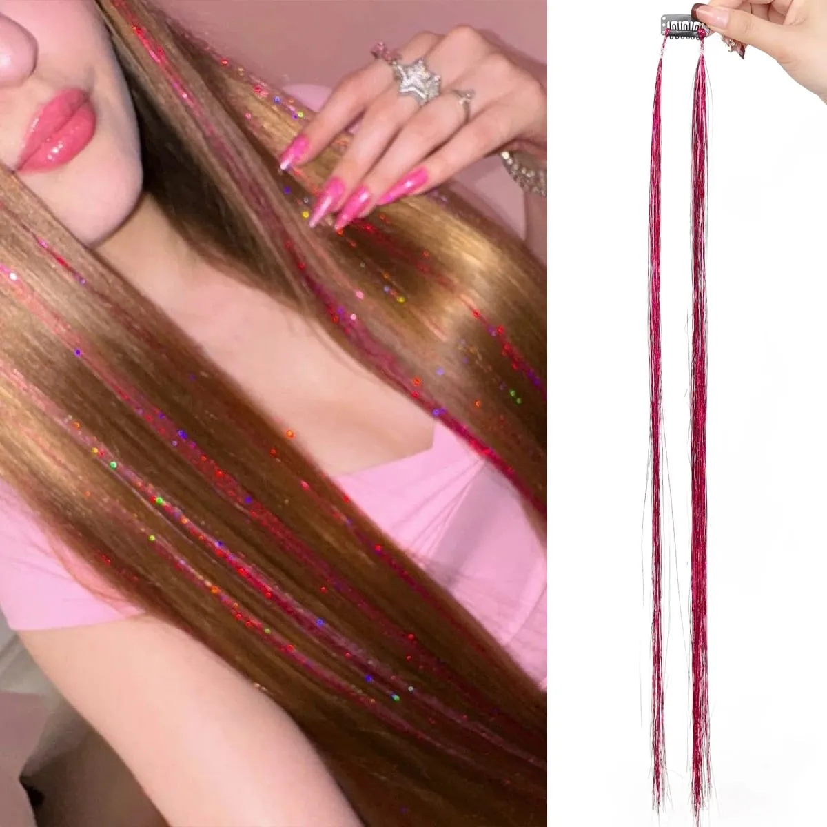24 inch 1Pcs Colored Hair Extensions with Tinsel Long Straight Hairpiece Color Party Highlights Clip in Synthetic Hair Extension — image 11