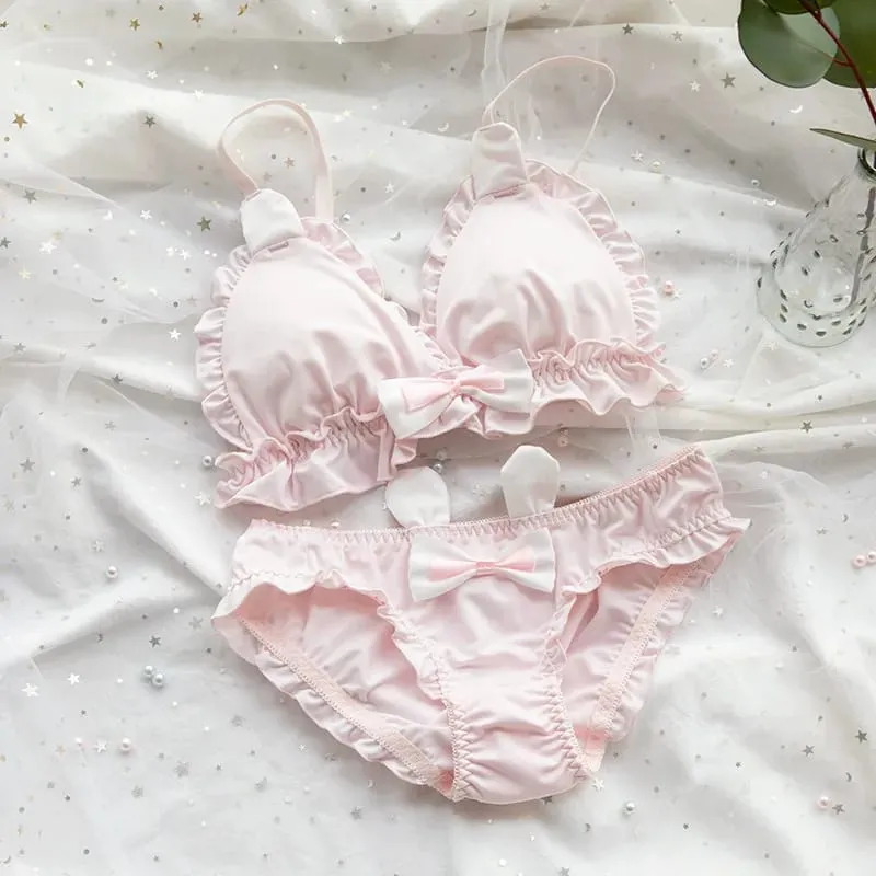 Nhật Bản Mềm Mại Bé Gái Bộ Áo Ngực Dễ Thương Mèo Con Paw Thiết Kế Vải Lụa Sữa Không Dây Tam Giác Cúp Quần Lót Nữ