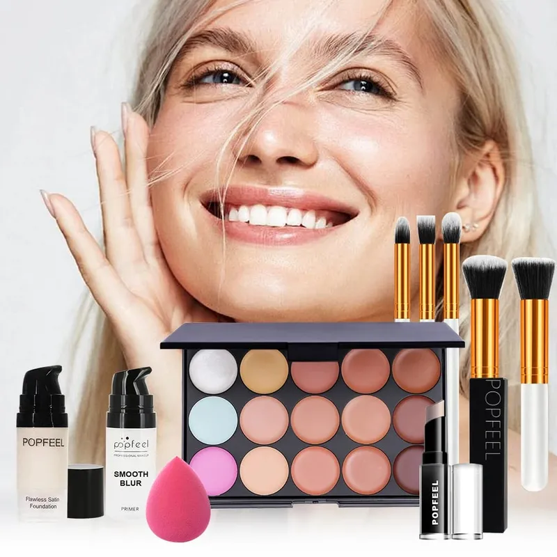 10-delat ansiktssmink-set - nybörjarvänlig foundation concealer & borste Combo - Komplett ansiktssminksats för felfri
