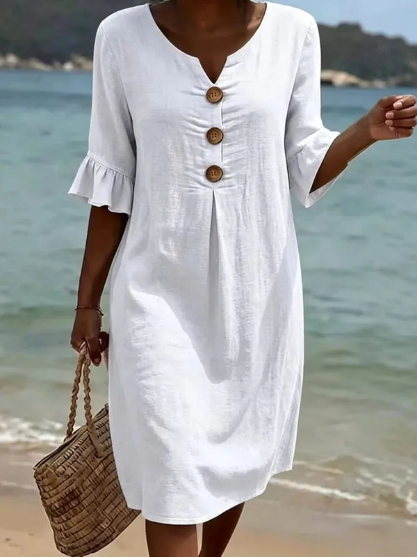 2026 Amazon European and American Cross-Border Spring and Summer New Cotton and Linen V-Neck Dress with Large Buttons and Ruffle