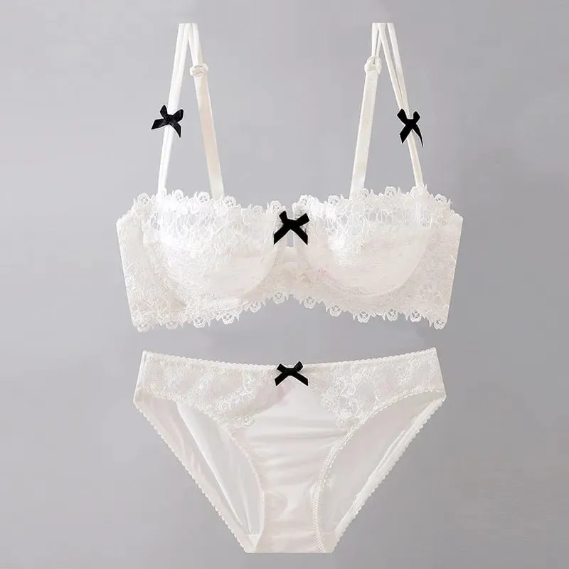 New Sweet Spicy Style Lace Lingerie Set For Women Ultra Thin Half Cup Push Up Bra Soft Steel Ring Comfort Wear