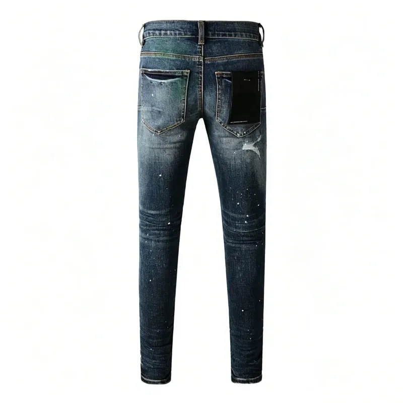 Calça jeans rasgada masculina, slim, vintage, desgastada, azul gradiente, verde, vermelho, respingos de tinta, botão fly high street, moda jeans