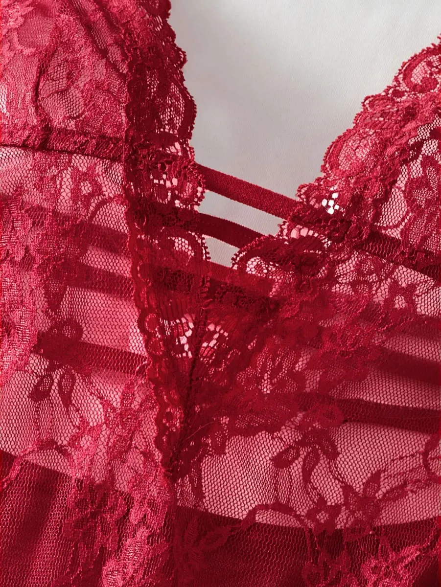 Women's Transparent Red Lace Sexy Underwire Bra Set Bikini Skirt Thin Three Point Lingerie Tempting Lace Up Hot Selling Item — image 6