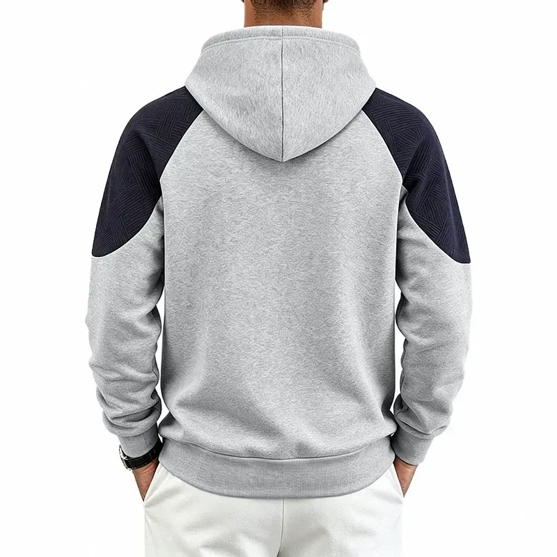 Autumn Winter Men Color Block Raglan Hoodie Textured Chest Panel Drawstring Kangaroo Pocket Loose Casual Streetwear Sweatshirt