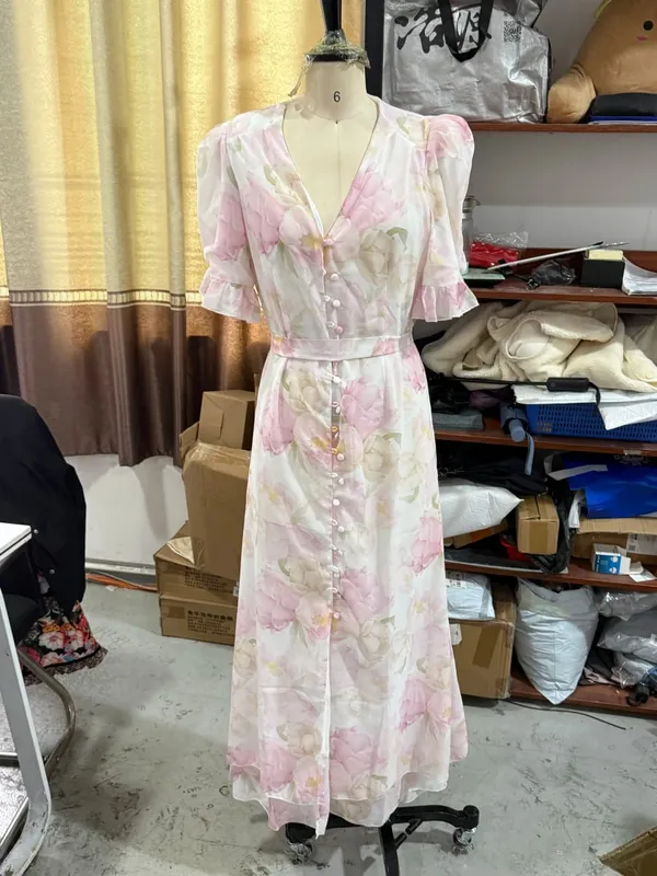 Floral Print Ruffle V Neck Waist Cinching Long Dresses Split Hem Single Breasted Maxi Dress 2026 Party Beach Vacation Vestidos