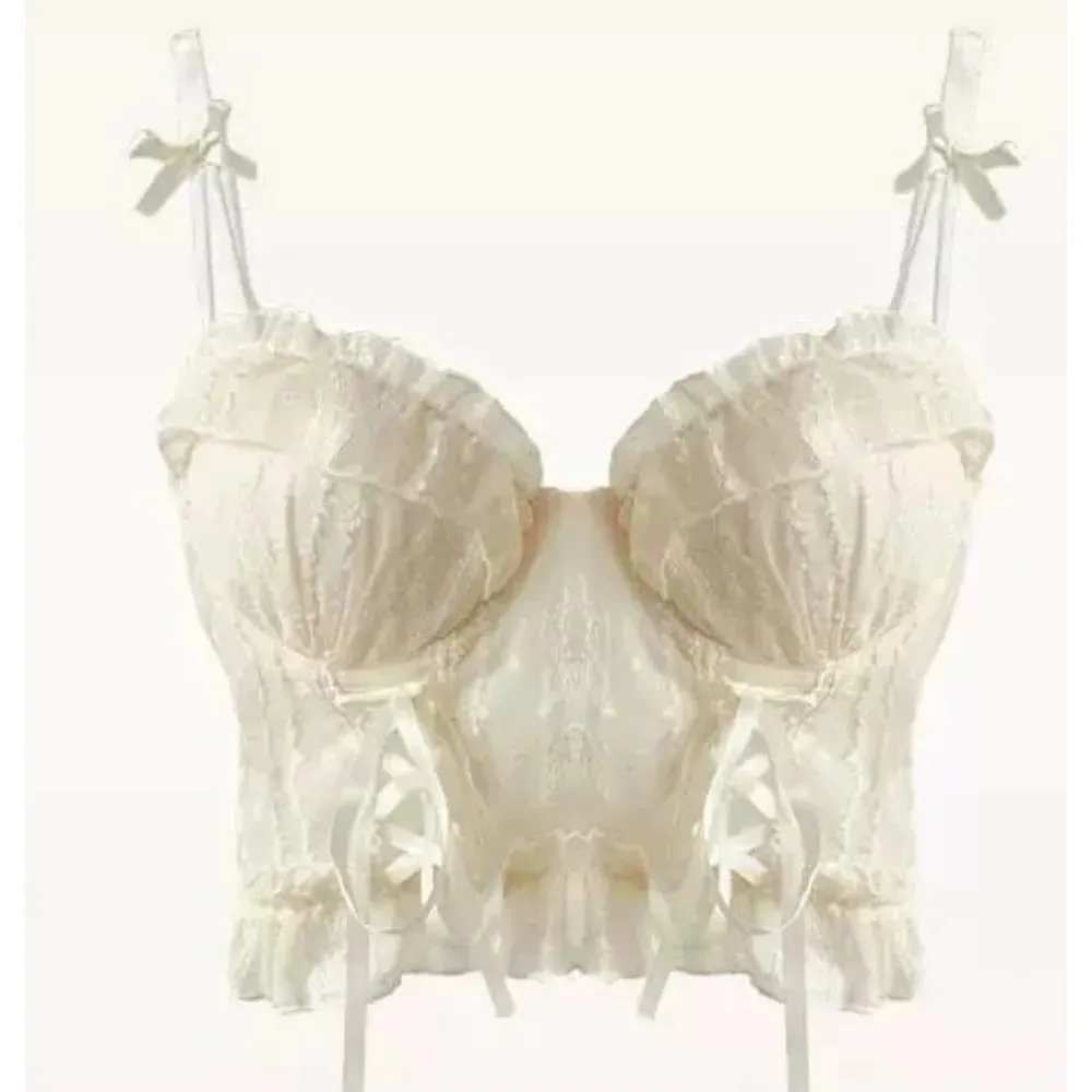 Women Lace Lingerie Set Ruffle Edge Mesh Cross Strappy Push Up Bra For Small Chest Sweet Soft Daily Comfy Underwear Two Piece