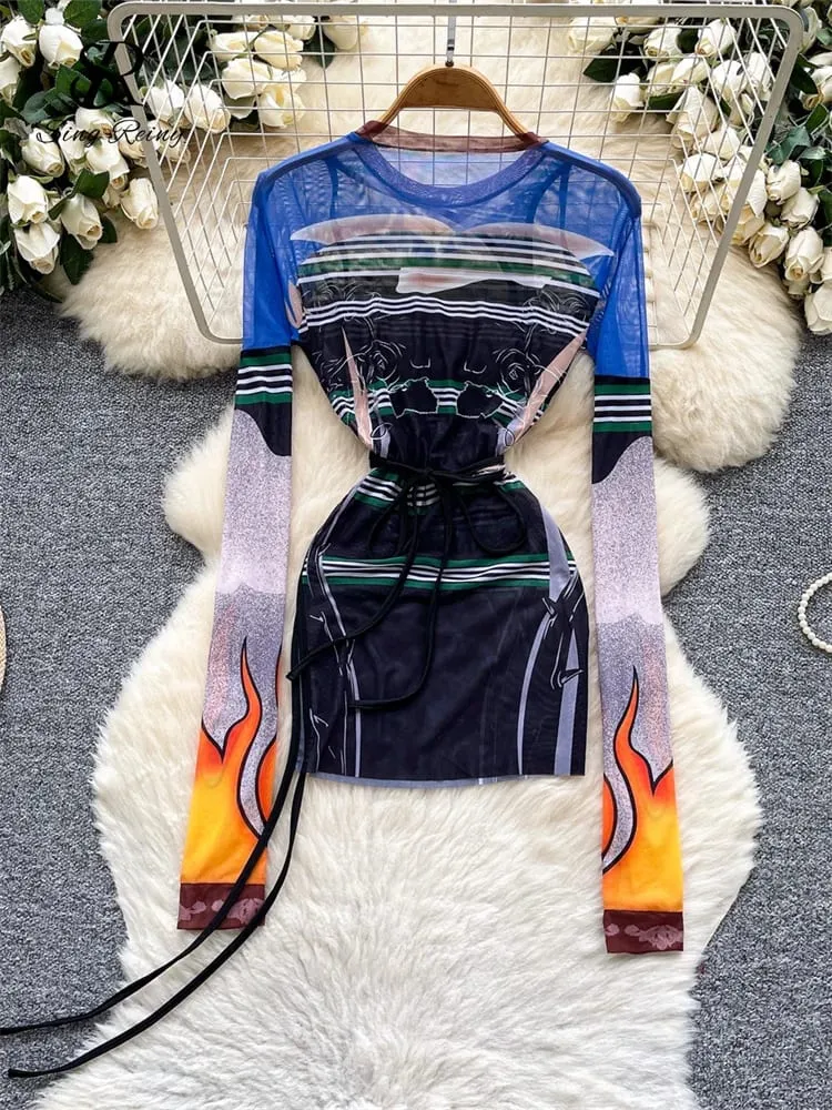 Multicolor Print Mesh Dress Sheer Long Sleeve Lace Up Slim Night Party Short Dresses Women Clubwear Bodycon Mini Dress