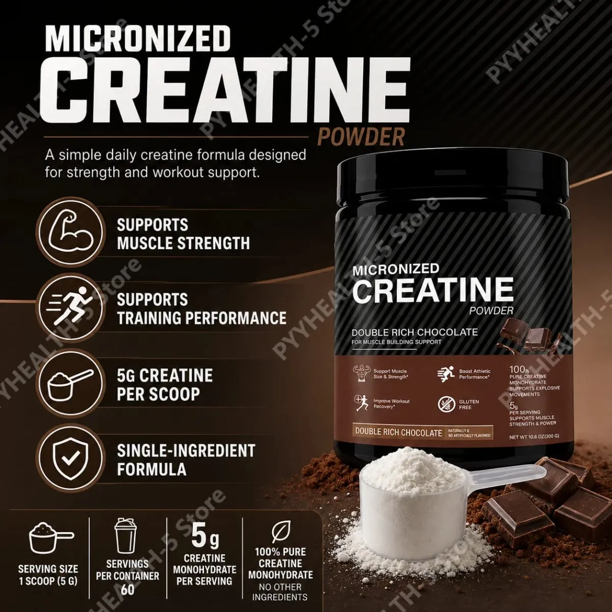 Creatine Monohydrate Powder 10.6 OZ Chocolate Flavor Sports Nutrition Support Athletic Performance Post‑Workout Muscle Recovery
