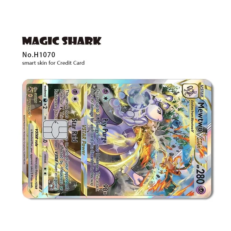 Tubarão mágico mew charizard ex eevee gengar pikachu tcg cartão holográfico laser filme de pele adesivo para cartão de crédito bancário