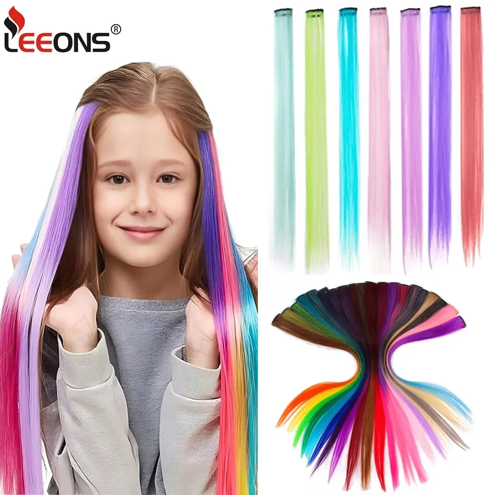 Extensiones de cabello de color liso con Clip para resaltar el cabello de arcoíris, rosa, azul, morado, sintético, con Clips para mujeres y niñas — image 2