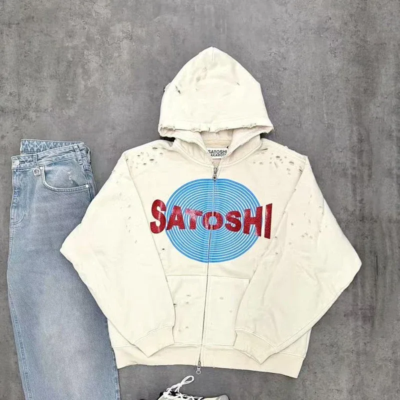 New Arrival Satoshi Zip Hoodie Destroyed Hole Design Loose Cotton Casual Outdoor Jacket Tops