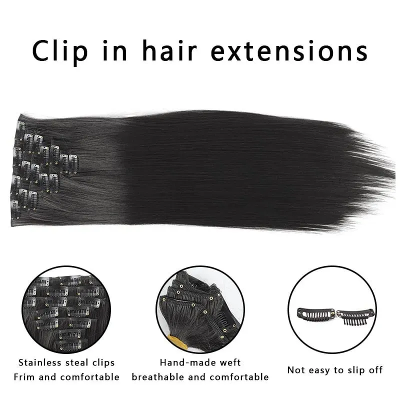 7 stk. Hårforlængelser med clips-ind i hele hovedet, egnet til kvinder - 20"/50 cm langt glat syntetisk hår med 150 g samlet volumen