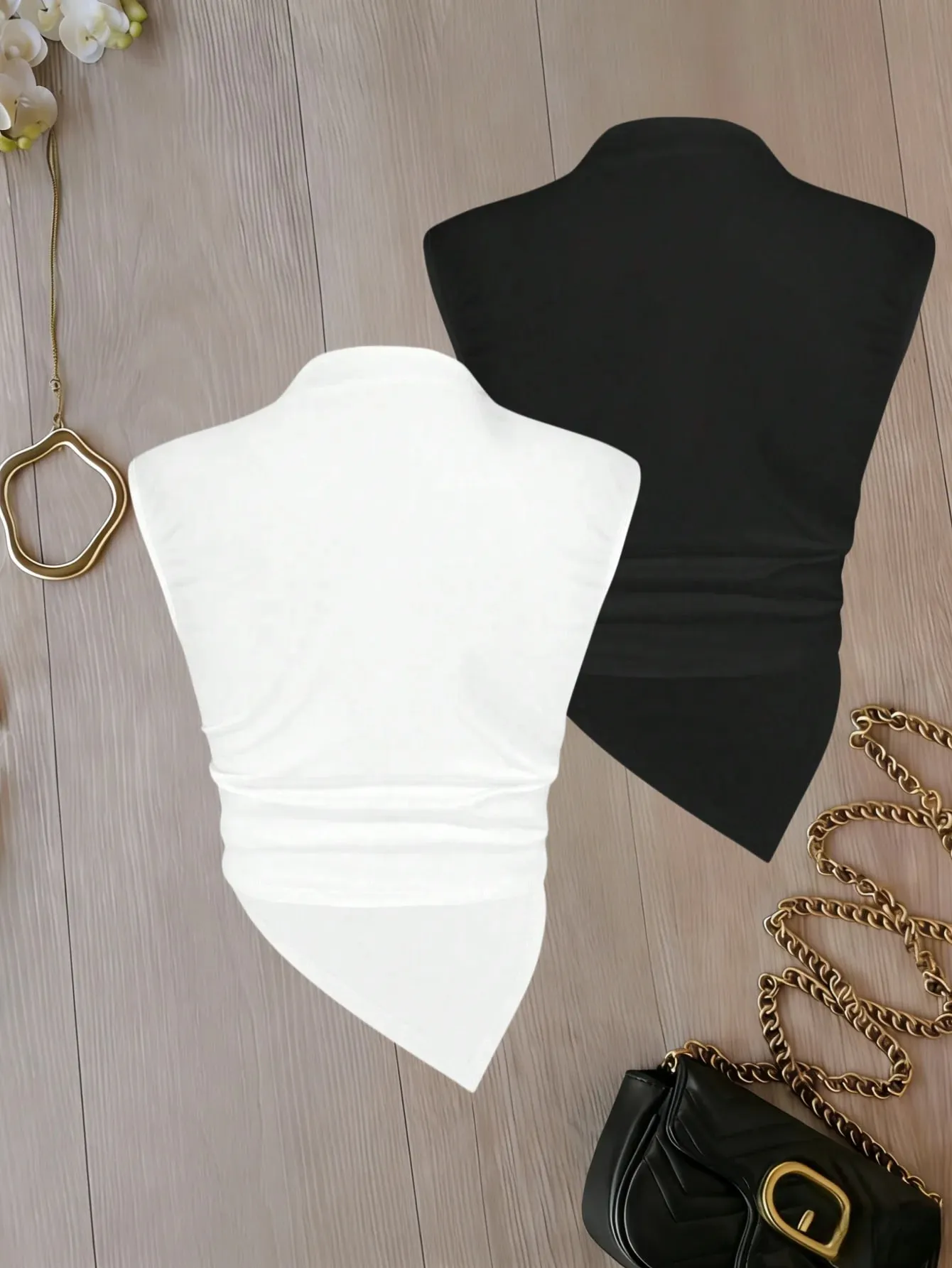 Women Mock Neck Sleeveless Ruched Asymmetrical Hem Crop Top 2 Pack Solid Color Cami Top Set — image 6