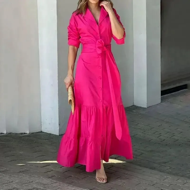 Spring Summer New Women's Long Solid Color Shirt Dresses Versatile Elegant V Neck Lace Up Cinched Waist Single Breasted Dress — image 1