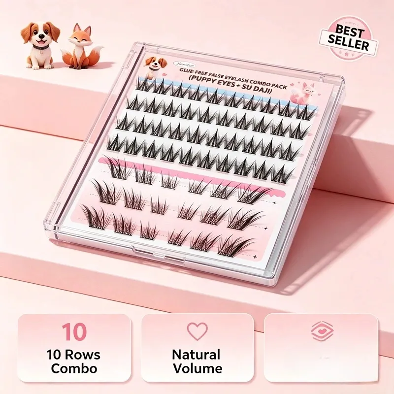 Self Adhesive Lash Clusters Combo Pack 10 Rows No Glue False Eyelashes Puppy Fox Eye Wispy Segmented Lashes for Daily Makeup