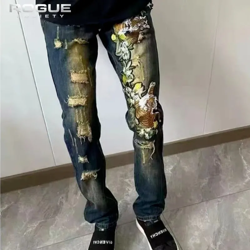 Y2K American High Street Embroidered Tiger Jeans Unisex Distressed Vintage Denim Trousers Streetwear Luxury Casual Harajuku New — image 5