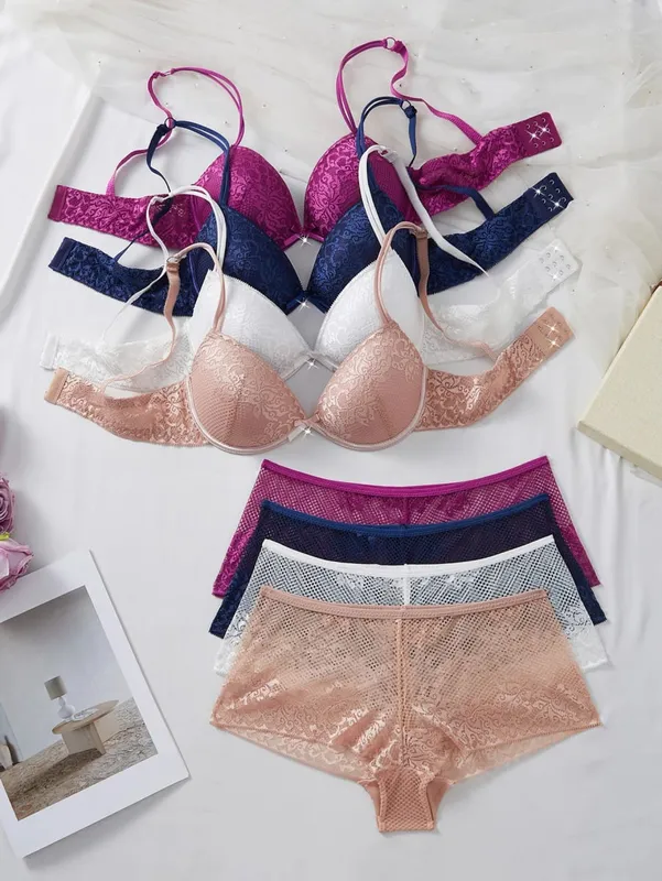 4Set Women Floral Lace Lingerie Set Underwire Push up Bra Breathable Sheer Hollow Panties Ladies Underwear Set
