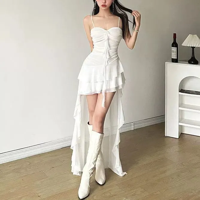 Fashion Sexy Spaghetti Strap Ruffle Irregular Bodycon Party Club Evening Dress Women Mesh Suspender Spring Summer Holiday Beach