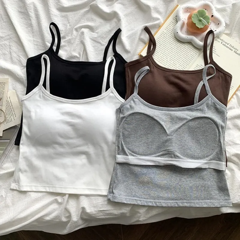 Women's Camisole With Built In Bra Pads Slim Fit Crop Tank Top Basic Spaghetti Strap Cami Casual Summer Sleeveless Top
