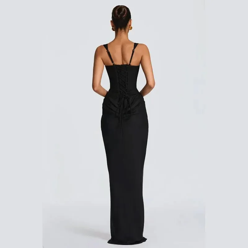 Lady Elegant Pleated Sling Dresses Solid Square Neck Sleeveless Off-shoulder Waist Cinching Dress Fashion Evening Party Gowns