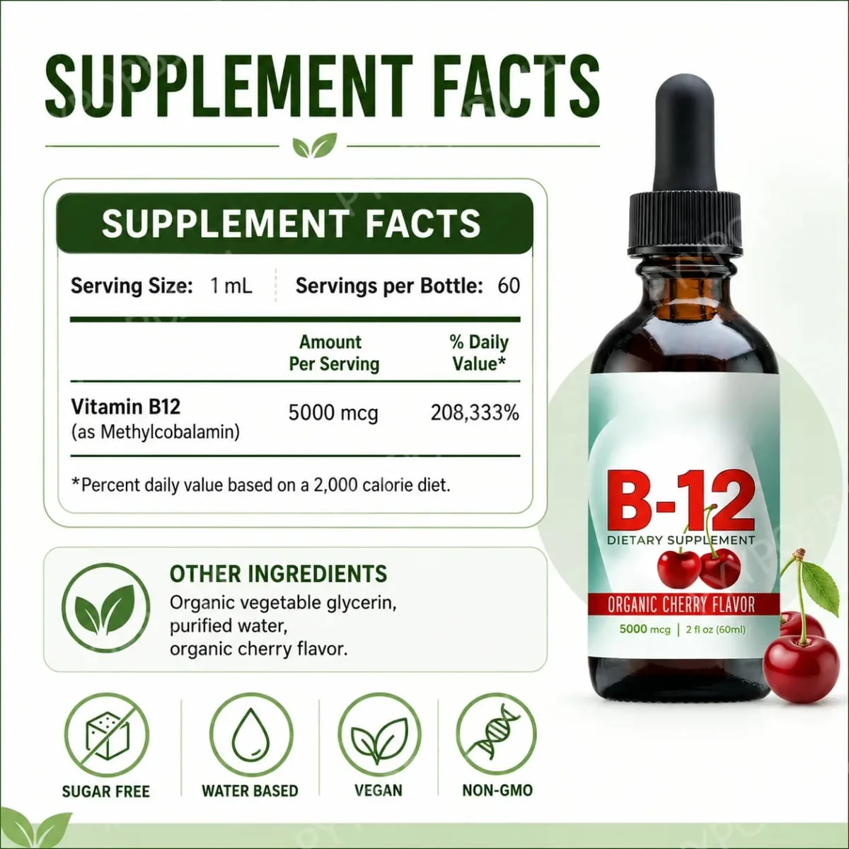 Cecair Vitamin B12 Methylcobalamin Menjatuhkan 5000 Mcg Perisa Ceri 2 Fl Oz 60 Hidangan Suplemen Harian Tanpa Gula Vegan